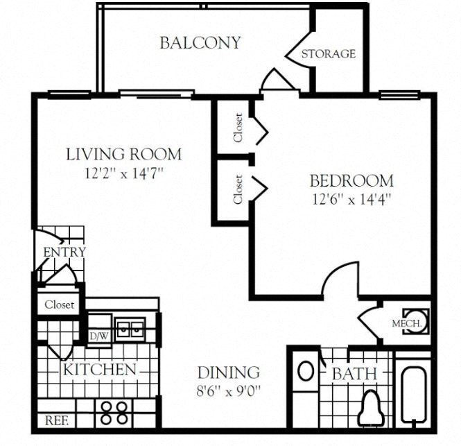 Floor plan for 1 bed, 1 bath, 672 sqft